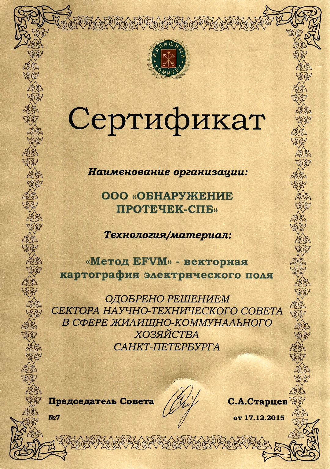 Сертификат на EFVM